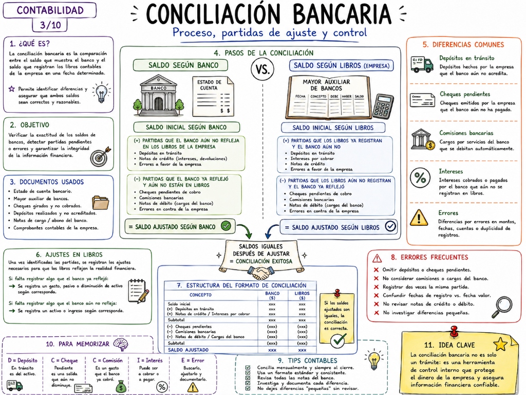 Conciliación Bancaria: Proceso, Partidas de Ajuste y Control