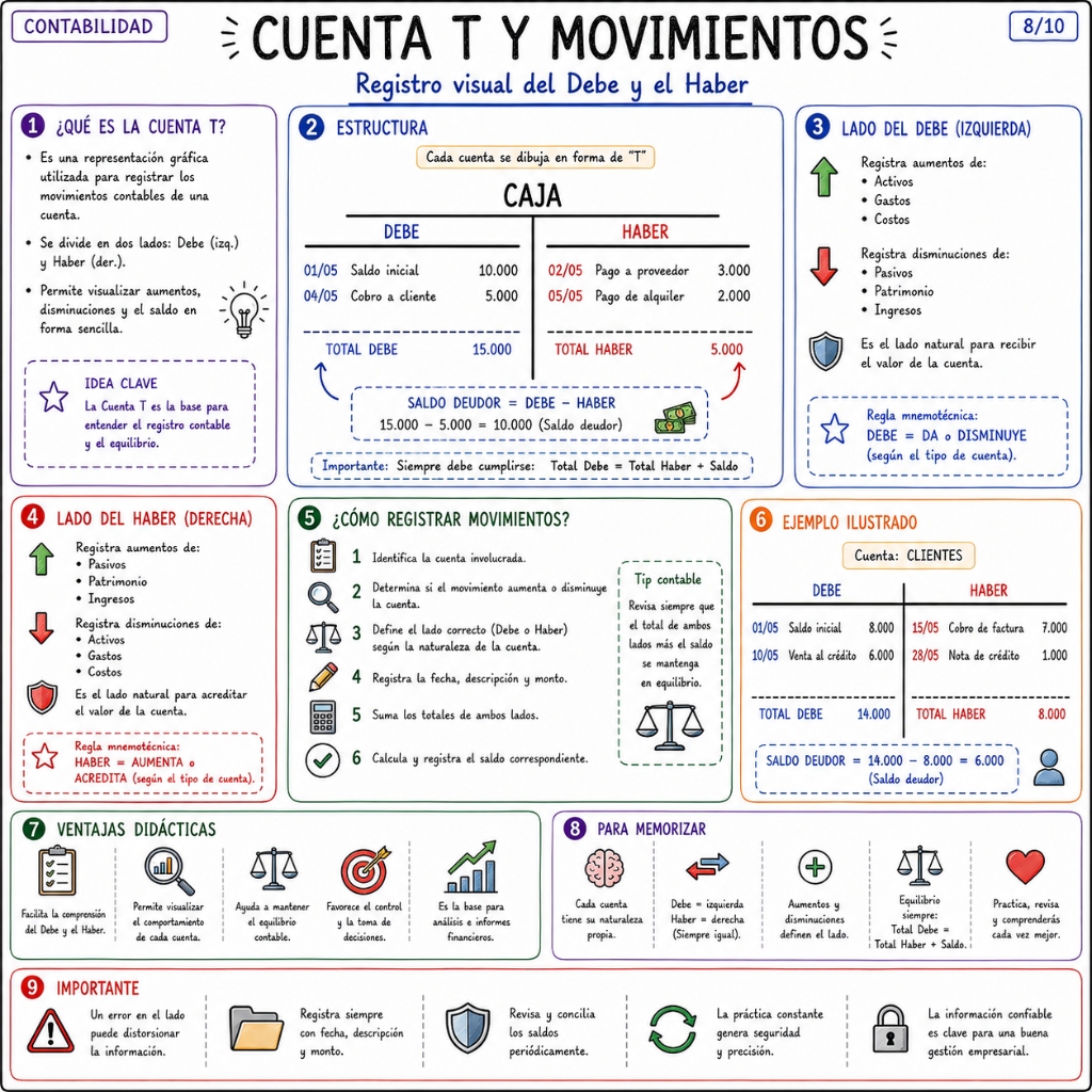 Cuenta T y Movimientos: Registro Visual del Debe y el Haber